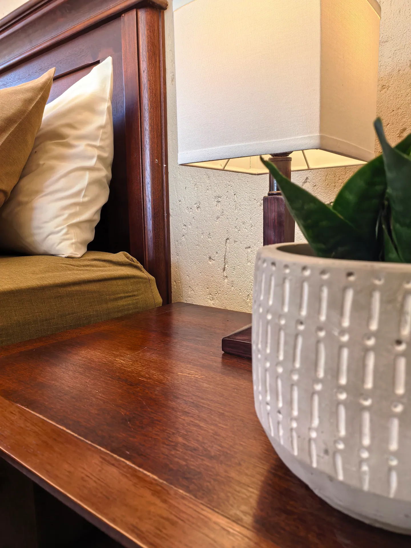 Bedside table, lamp and potted plant beside a bed